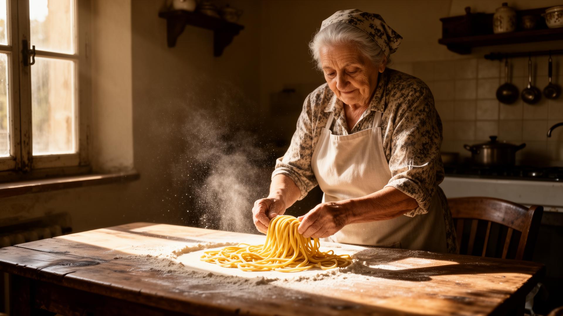 Mama italiana preparando massa artesanal